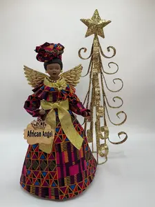 African Angel Tree Topper - Handcrafted 14 1/2 Inch Angel with Ankara Metallic Magenta and Gold for Christmas, Kwanzaa and More
