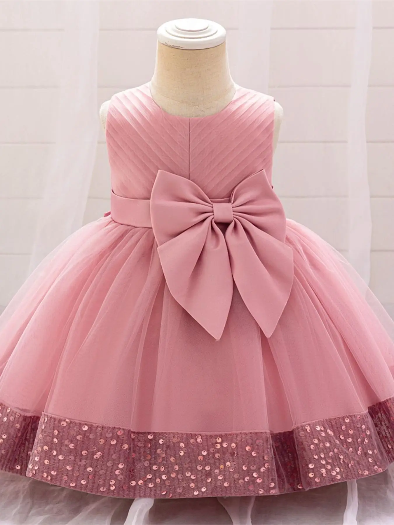 Girl's Solid Contrast Sequin Big Bow Decor Tulle Dress, Elegant Sleeveless Zipper Back A Line Dress for Party Wedding Guest, Kids Clothes for All Seas