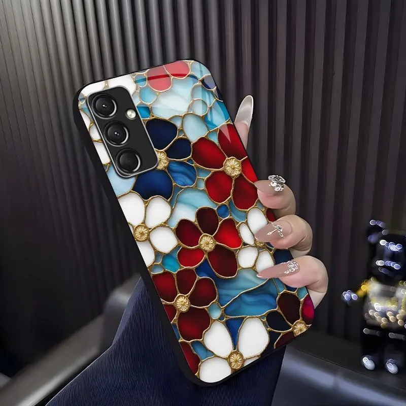 Cottagecore Aesthetic! Handcrafted stained glass floral case for Galaxy A14 5G, vintage art style shockproof cover — 975
