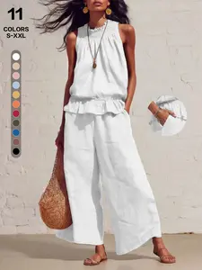 Womens Linen Two Piece Outfit Sleeveless Smocked Tank Top and Wide Leg Pants Casual Summer Lounge Set Vacation Beach Matching Set with Pockets