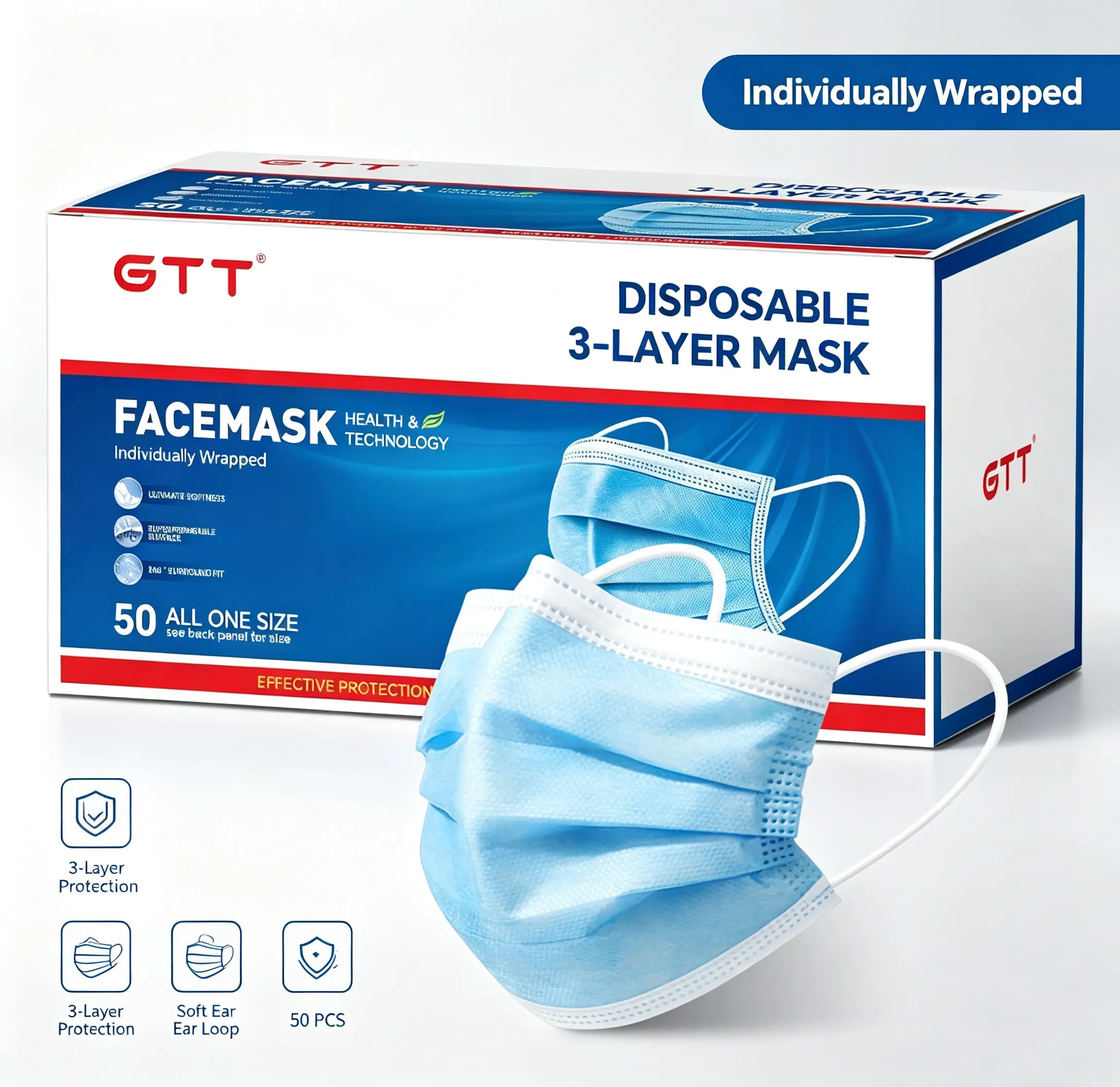 GTT Disposable Face Masks, ASTM Level 1, 3-Ply Breathable Face Masks, 50 Count, Face Mask