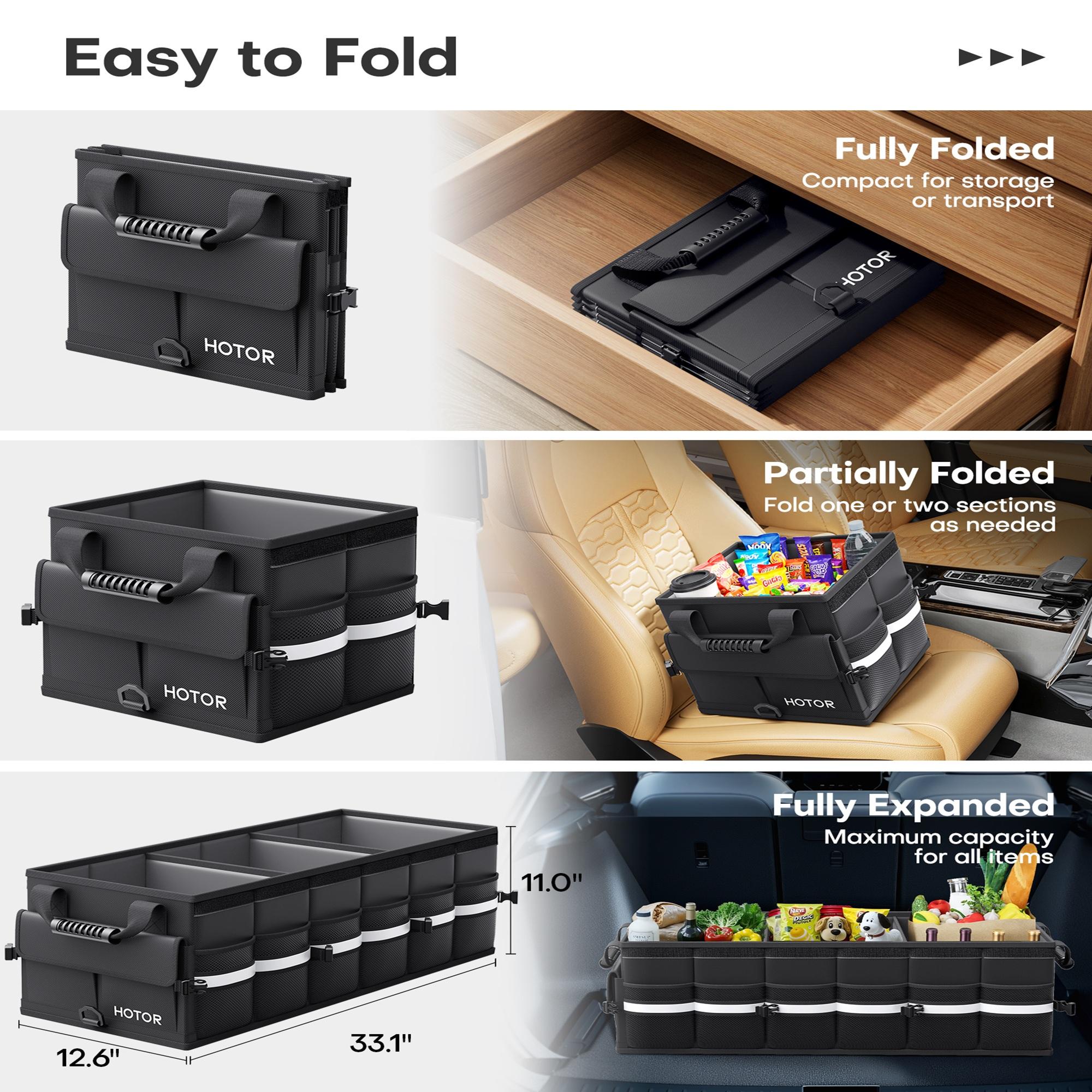 3 Compartment Car Trunk Storage Organizer Medium, Black Foldable Trunk Organizer with Lid and Removable Cooler Bag, Portable Storage Box for Groceries, Sports Gear and Tools, Durable Car Organizer for SUV, Truck and Daily Travel Use