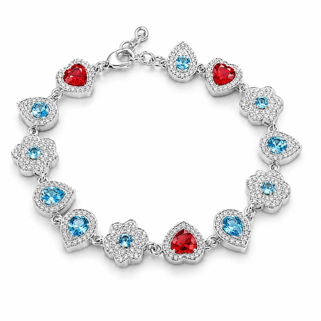 Luxury Heart, Teardrop & Flower Link Bracelet for Women | Silver Tone Bracelet with Red & Sky Blue Cubic Zirconia | Elegant Crystal Statement Gift Jewelry