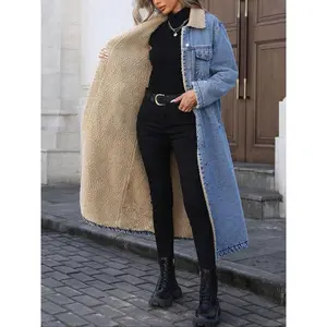 Women's European and American Loose Long Fleece-Lined Cotton-Padded Denim Jacket Machine Washable