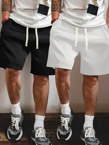 Men's Summer Solid Color Drawstring Waist Shorts Set, Casual Breathable Versatile Sweatpants, Fitted Home Wear, 2 Piece Pack