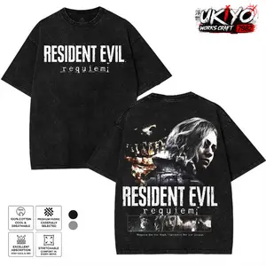 Resident Evil 9 Requiem art horror Game Washed Tshirt 2 Sided Cotton unisex graphic game movie merch Menswear Tee Gaming Casual graphic t-shirts