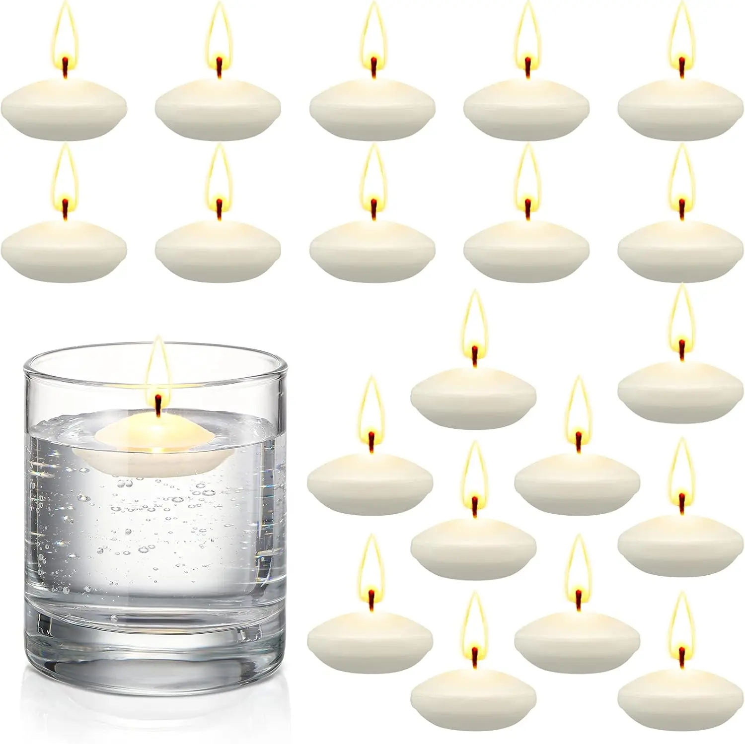 1.5 in Unscented Wax Floating Candles (20-Count) - Table Centerpieces & Decor for Wedding, Holiday, Pool Use (White)