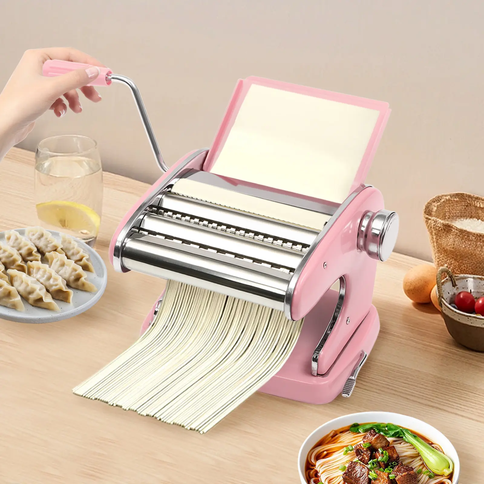 Manual Pasta Maker - 3 Blades, 6 Adjustable Thickness Settings, Portable Kitchen Utensil for Homemade Spaghetti, Lasagna - Suitable for Household & Commercial Kitchens
