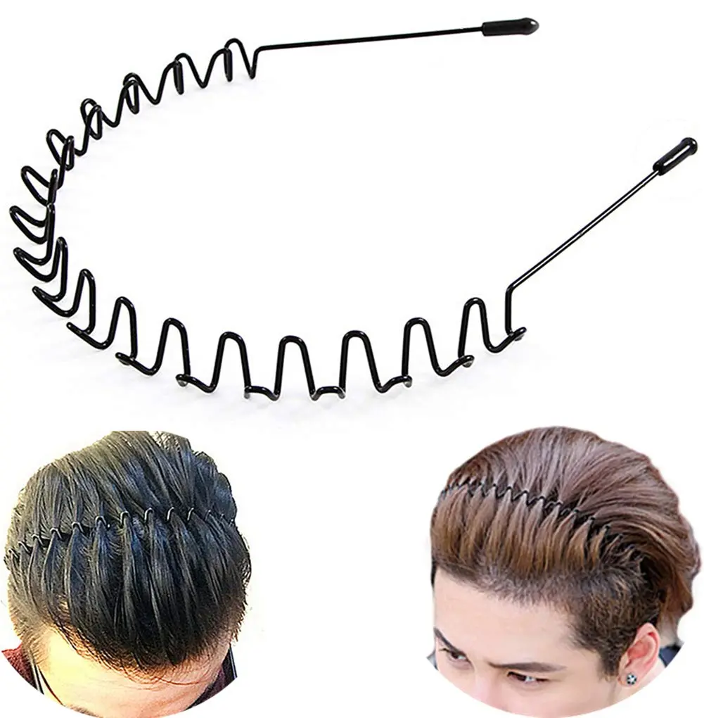 Metal Hair Band for Men Headband Women Bands Unisex Black Wavy Spring Outdoor Sports Headbands Men's Hoop Clips Accessories Simple Elastic Non Slip Head Headwear