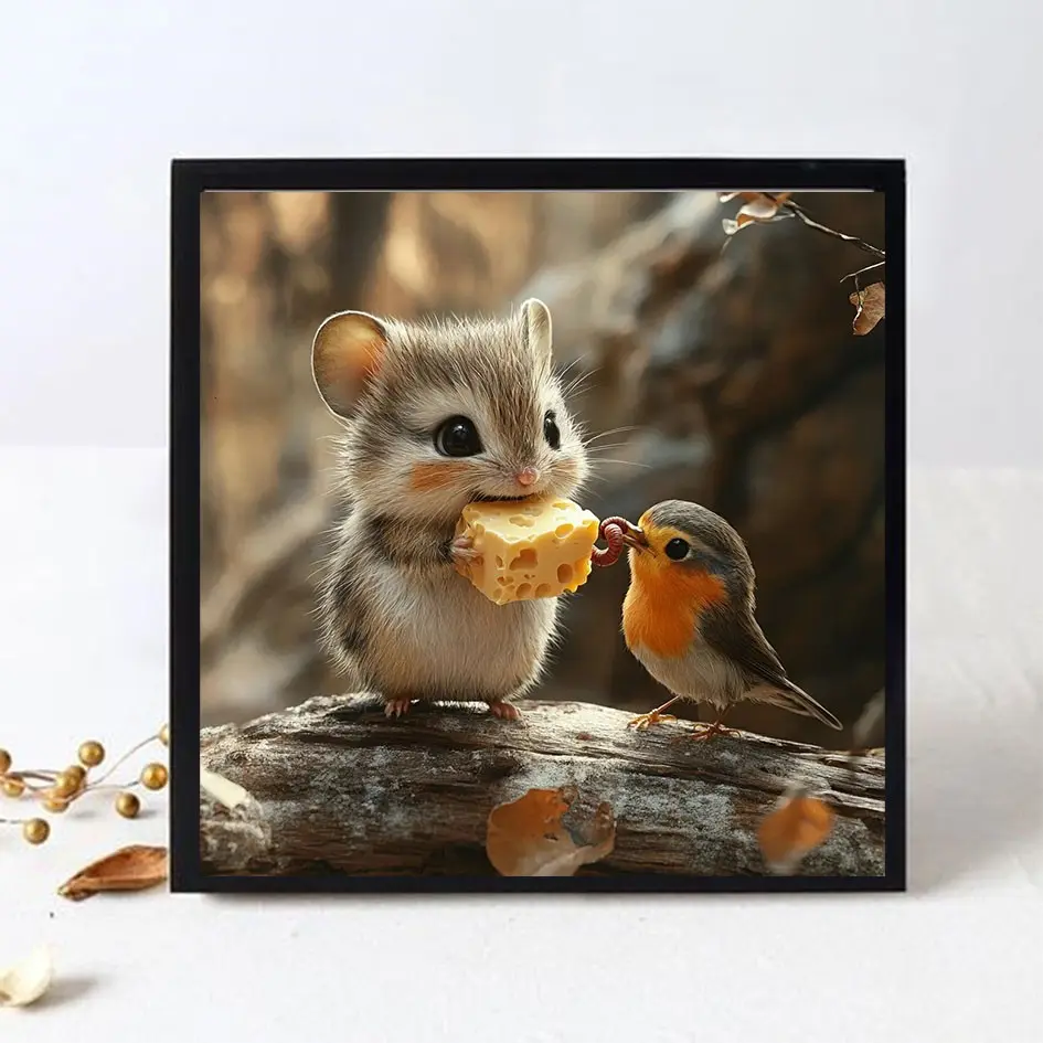 Frameless Diamond Painting Kit, Mouse and Bird Feeding Scene, Full Circle Design, DIY Wall Art Craft, Home Decor Gift