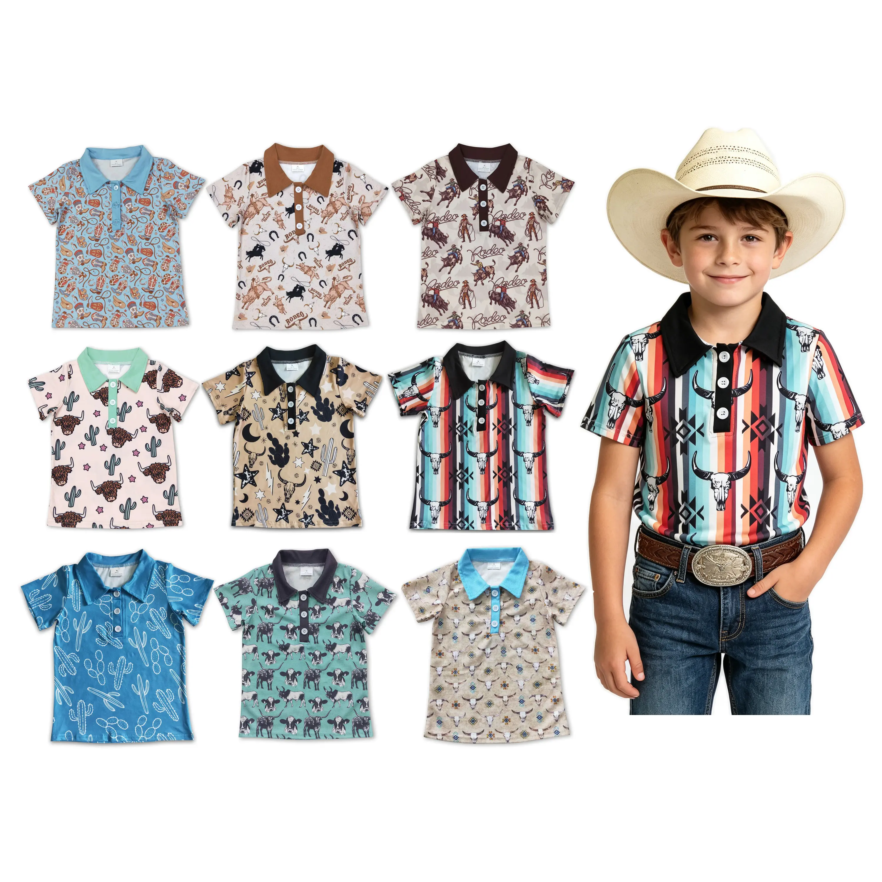 Boys' Cotton Blend Western Style Graphic Printed Polo Shirt - Short Sleeve, Active Stretch, Button Front, Fade Resistant, Elastic Waistband, Vintage Rodeo Tops, for Family Photos, Outdoor Play, Party