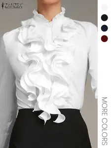 Women's Plain Ruffle Trim Button Front Blouse Shirt, Elegant Fitted Long Sleeve Stand Collar Top for Work Office Business, Women's Clothing for Fall & Winter