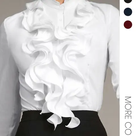 Women's Plain Ruffle Trim Button Front Shirt, Fitted Ruffled Blouse, Elegant Feminine Chic Fitted Long Sleeve Stand Collar Top for Work Office Business, Womenswear Lady Women's Clothing for Fall & Winter