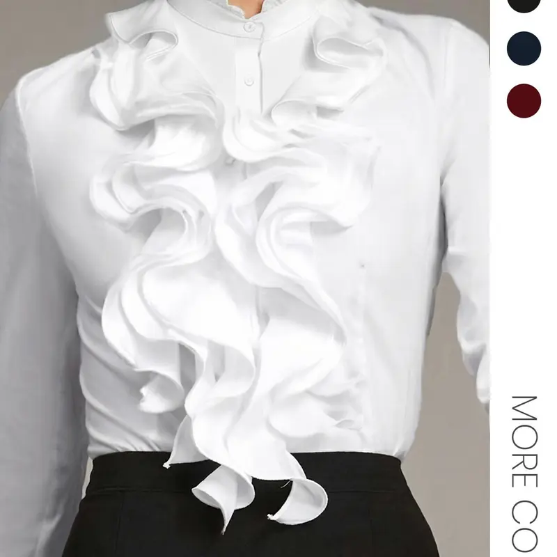 Women's Plain Ruffle Trim Button Front Shirt, Fitted Ruffled Blouse, Elegant Feminine Chic Fitted Long Sleeve Stand Collar Top for Work Office Business, Womenswear Lady Women's Clothing for Fall & Winter