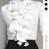 Women's Plain Ruffle Trim Button Front Shirt, Fitted Ruffled Blouse, Elegant Feminine Chic Fitted Long Sleeve Stand Collar Top for Work Office Business, Womenswear Lady Women's Clothing for Fall & Winter