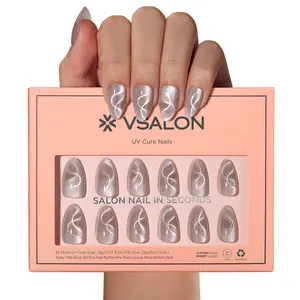 VSALON Press On Nail Silver Ribbon Glitter Cat Eye Short Almond UV Cure Nails Kit Set 32PCS Acrylic Nails High Quality Professional Salon Nail Art