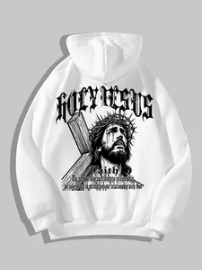 Men's Jesus Print Hoodie, Casual Regular Fit Long Sleeve Hooded Sweatshirt for Fall & Winter, Men's Top for Daily Wear