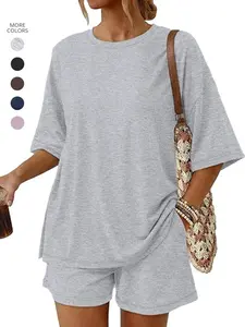 Women's Round Neck Short Sleeve Loose Fit Set, Casual Plain Pattern, All Seasons, with Pockets, Adjustable Waist Drawstring, Comfortable Suit, Casual Matching Set