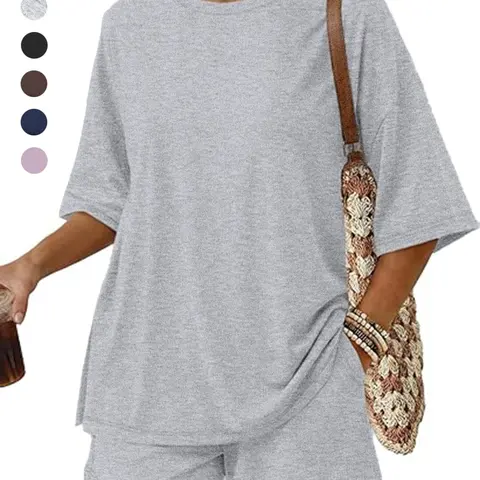 Women's Round-Neck Short-Sleeve Loose-Fit Top & Shorts Set, Relaxed Fit Loungewear, Solid Color, Adjustable Drawstring Waist, with Pockets, Comfortable Outfit for All Seasons