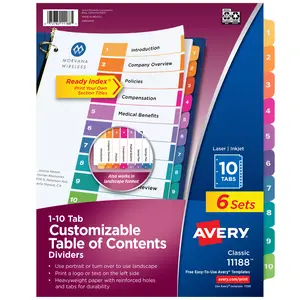 Avery Ready Index 10 Tab Binder Dividers, Customizable Table of Contents, Multicolor Tabs, 6 Sets (11188)