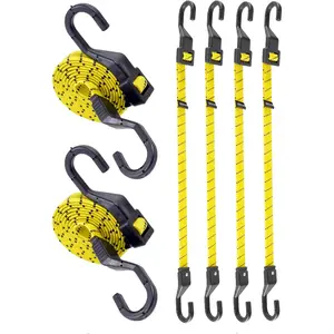 6 Pcs 48 Inch Flat Adjustable Bungee Cords with Hooks, 3X Faster to Adjust Length, Heavy Duty Black/Yellow Bungee Straps for Cargo, Bike, Cart, Tent, Truck, Camping and Outdoor Activities