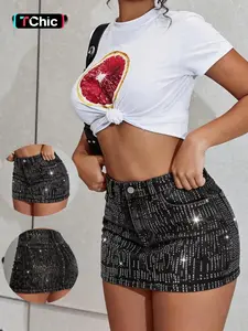 Women's Fashion New Denim Short Skirt, Spring Summer, Rhinestone Trendy Design, Elastic Comfortable Fit Style, Casual Women's Skirt, Bottom