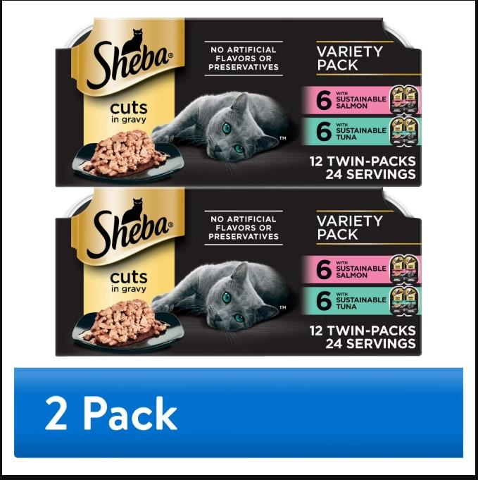 Sheba Perfect Portions Wet Cat Food Cuts in Gravy Gourmet Salmon & Sustainable Tuna 2.6 oz Twin-Pack Trays 12 Count 24 Servings Protein-Rich Premium Meal for Adult Cats