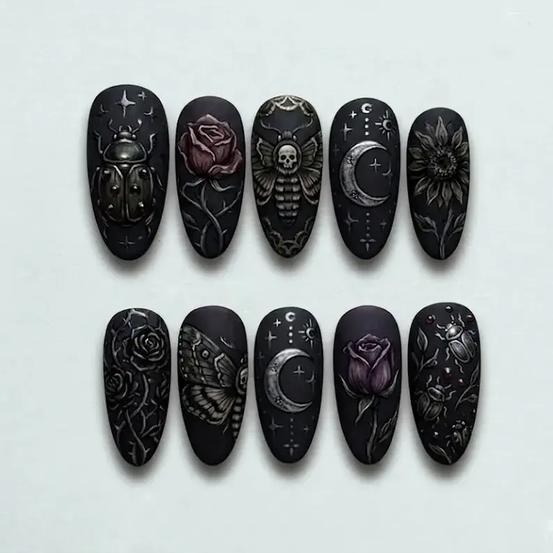 Dark Occult Garden Press On Nails | Gothic Beetle, Skull Moth, Rose, Celestial Art | Witchy Aesthetic, Matte Black Nails