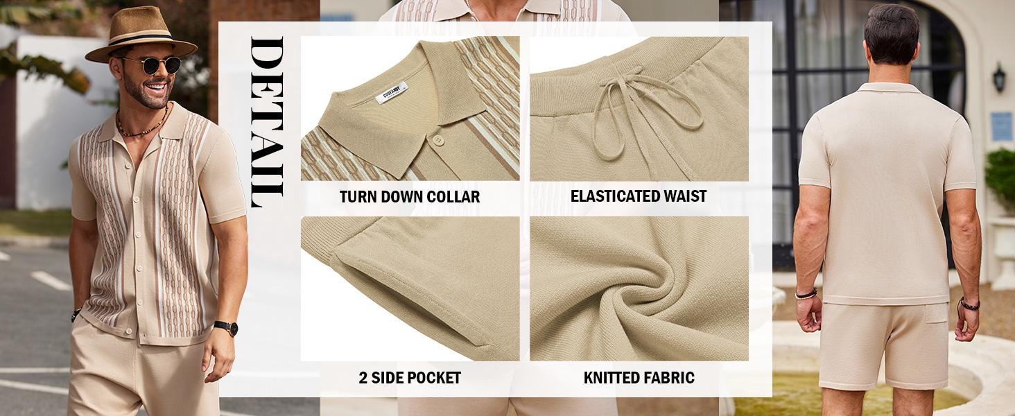 COOFANDY Men's 2 Piece Outfit Vintage Short Sleeve Button Down Knit Polo Shirts Casual Beach Shorts Sets COOFANDY Men's 2 Piece Outfit Vintage Short Sleeve Button Down Knit Polo Shirts Casual Beach Shorts Sets