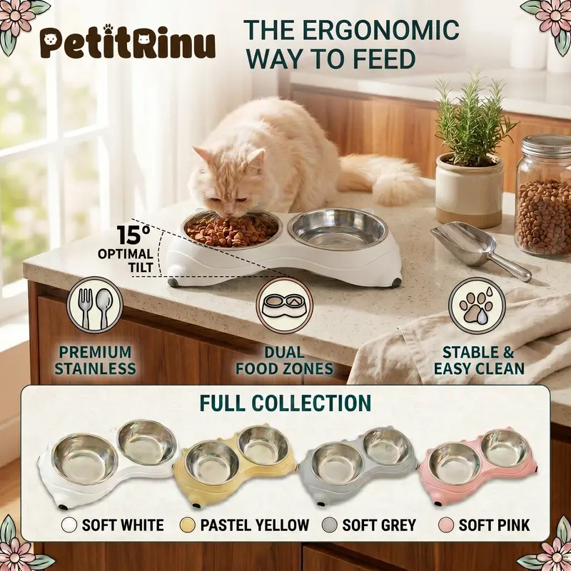 Cat Stainless Steel Divided Double Bowl Neater Feeder - 15° Tilt Neck Support, Stable Nonslip Base, Detachable Easy to Clean Popout, Macaron Pastel Design (34x18x8.5cm), Low Vomit Risk Food Feeder, Dry & Wet Segregation, Odor-Free Steel