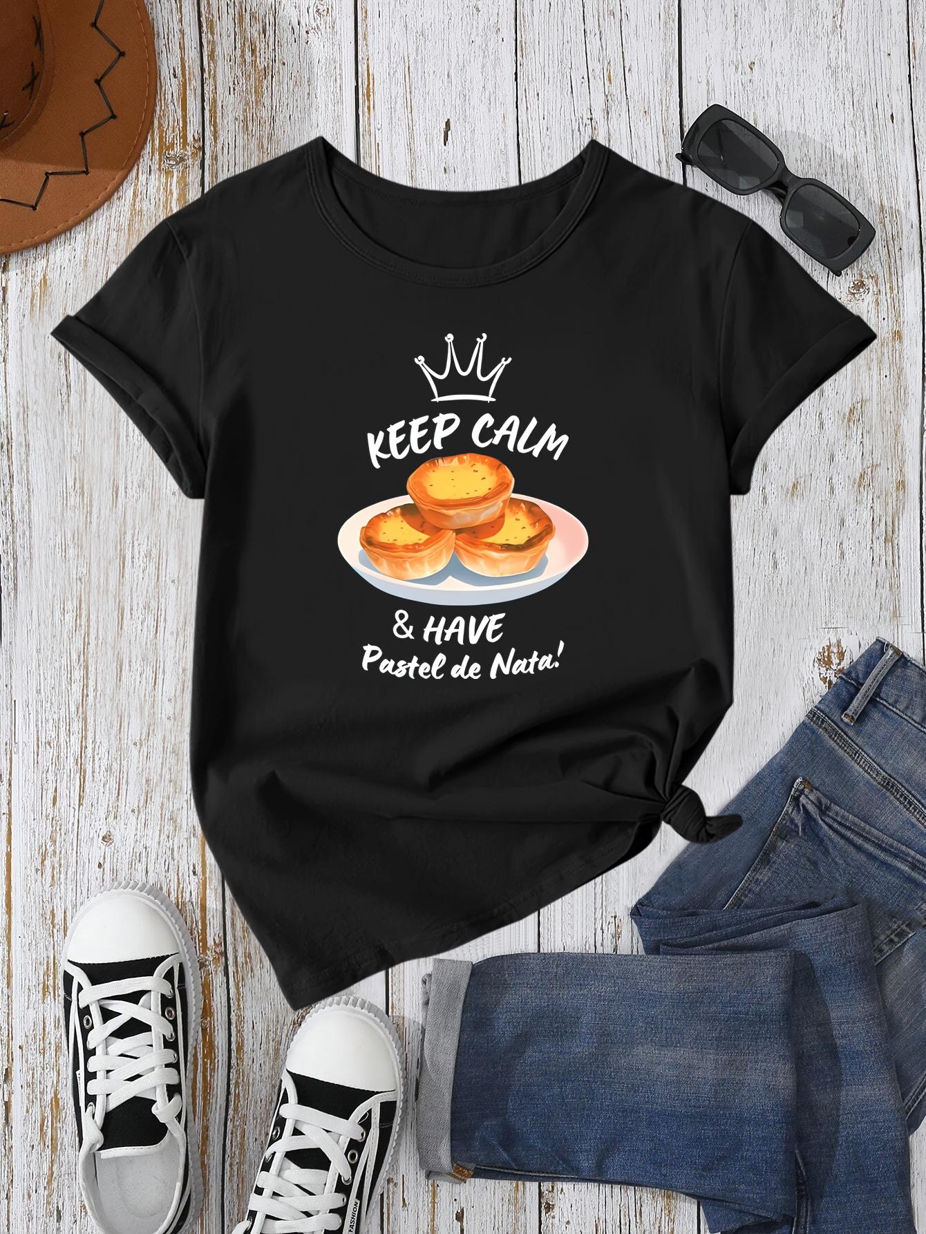 [Pastel de Nata T-Shirt] Relaxed Fit Women's Summer T-Shirt |   Portuguese Pastel de Nata Graphic Print with "Keep Calm & Have Pastries" Slogan, Breathable Round Neck Tee for Travel Souvenir & Casual Attire