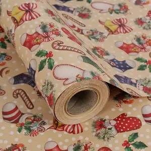 Christmas Wrapping Paper  Roll, Christmas Stockings Candy Canes Gloves Designs,  Xmas  Wrap Paper 17 in x 32 ft