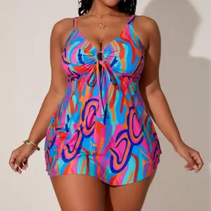2026 Plus Size Abstract Print Tankini Swim Dress, V Neck Tie Front Cutout Tummy Control Bathing Suit with Built-in Briefs, Modest Curvy Swimwear for Beach Vacation