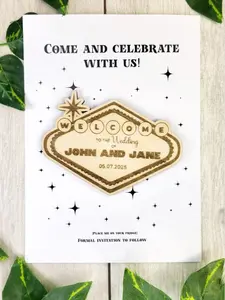 Las Vegas Sign inspired Save The Date Magnets | Personalized Wedding Announcement | Laser Engraved wooden magnet Decor