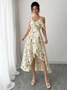 Women’s Elegant Floral Print Off-Shoulder Dress, Bohemian V-Neck Sleeveless Slim-Fit Comfortable Beach Vacation Dress, Summer Fashion Casual Women’s Clothing