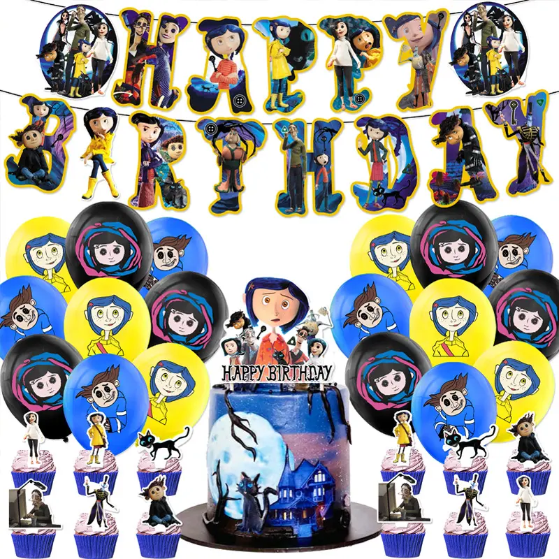 Coraline-Themed Birthday Party Decorations: Banners, Cake Toppers, Balloons, and Hanging Swirls for Girls