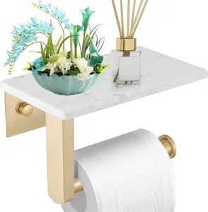 Toilet Paper Holder with Marble Shelf, 304 Stainless Steel Tissue Hand Holder Wall Mounted Toilet Paper Roll Hold with Phone Shelf for Bathroom Kitchen Washroom Bedroom, Brushed