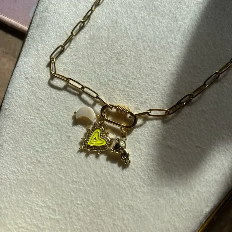 16 Inch Gold Plated Stainless Steel Carabiner Necklace with Neon Yellow Heart Charm