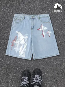 Men's Denim Shorts Angel Cross Print, Comfortable Versatile Casual Wear, Daily Commute, Friend Gathering, Dark Style