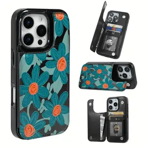 Creative Retro Blue Large Flower Pattern Leather Card Holder Phone Case,Suitable for iPhone 17 Air/16 Plus/15 Pro Max/14 Pro/13/12/11/XS Max/X Phone Case,Perfect Gift Choice for Thanksgiving and Christmas for Family, Friends, Lovers, Boyfriend, Girlfriend