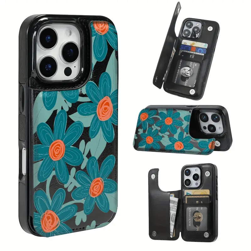 Retro Blue Large Flower Pattern Leather Card Holder Smartphone Case - Protective Accessory with Handheld Design, Soft Texture, Warm Touch, Fit for iPhone 17 Air/16 Plus/15 Pro Max/14 Pro/13/12/11/XS Max/X, Ideal Holiday Gift