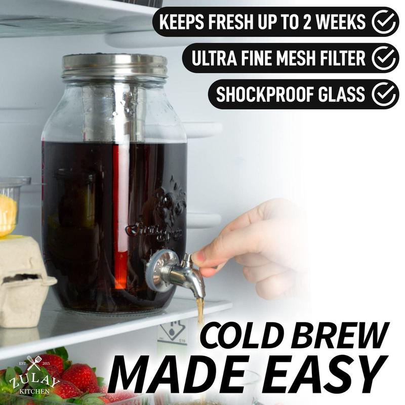 Zulay Kitchen Cold Brew Coffee Maker - 1.5L Reusable Glass Pitcher with Steel Filter Lid, Airtight Design for Coffee and Tea