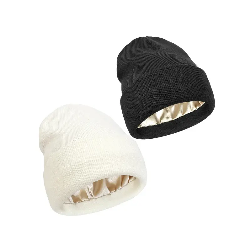 2Pcs Unisex Satin Lined Beanies Hat for Women&Men Winter 2Layer Ear Protect Warm Hiking Cycling Ski Cap Slouchy Cuffed Balaclava