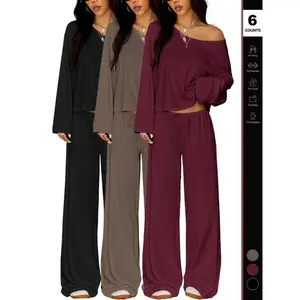2026 Women's two-piece set, long sleeved casual, breathable elastic waist pants, basic sleepwear for all seasons, comfortable home wear