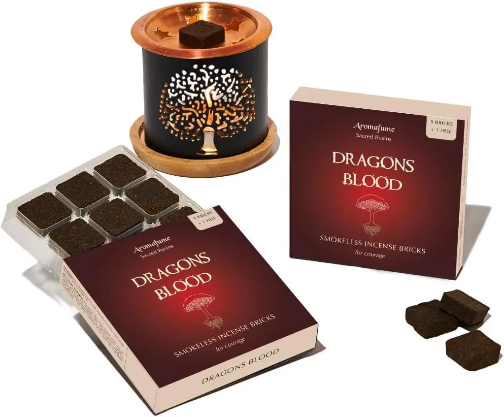 Aromafume Dragons Blood Incense Bricks (2 Trays x 9 Pieces Each) with Tree of Life Exotic Incense Diffuser | Ideal for Positive Vibe Generation, Meditation, Purification, Healing & Rituals