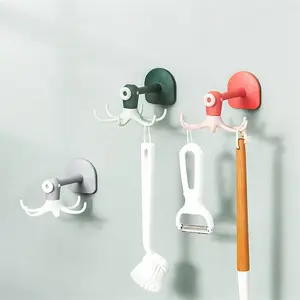 Heavy Duty Under Cabinet Utensil Holder Hanger Hook, 360 Degrees Rotating Folding Hook Self Adhesive Hook Utensil Rack with 6 Hooks for Bathroom, Kitchen and Home