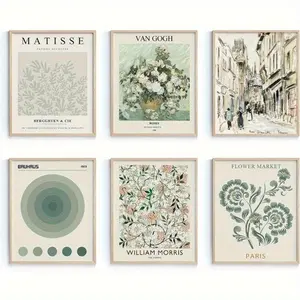 2D Flat Set of 6 Frameless French Pastoral Art Posters, 10x8 Inches, Fresh Floral and Street Scene Wall Paintings, Cream Style, Artistic Wall Decor for Bedrooms and Homestays, Ideal for French Style Decoration Enthusiasts, Holiday Gifts