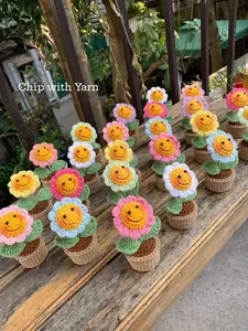 Handmade Crochet Smiley Face Flower Plant  Cute Car Dashboard Decor & Desk Buddy