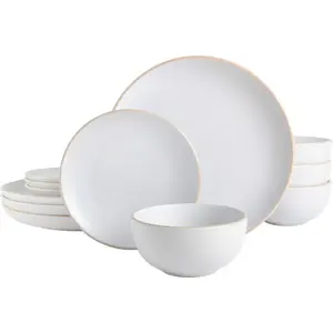 Rockaway 12-Piece Round Stoneware Dinnerware Set, Service for 4 – White and, Finish, & Dishwasher Safe