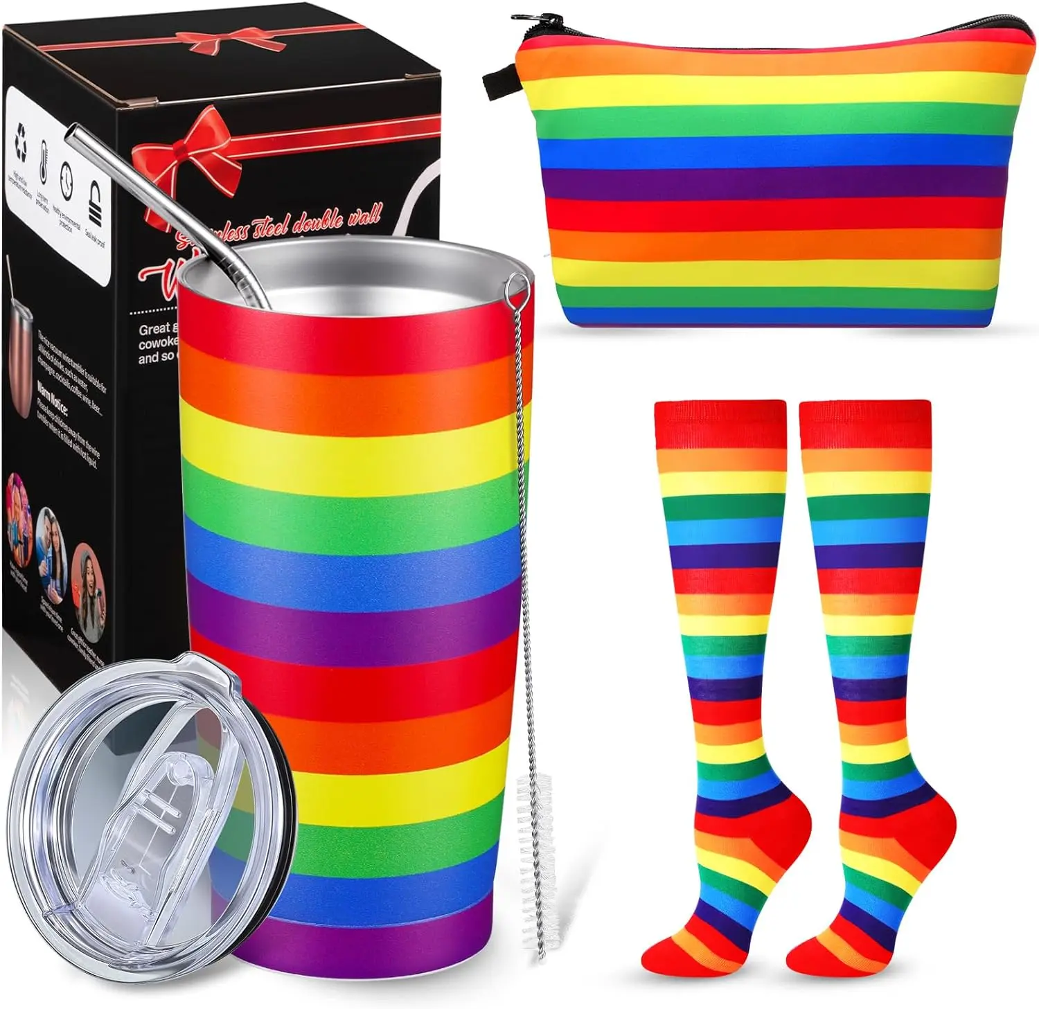 Gay Pride Gifts 20 oz Rainbow Pride Tumbler with Straw and Lid Colorful Rainbow Makeup Bag and Stripes Socks Lesbian Bisexual Transgender Gifts for Party Supplies